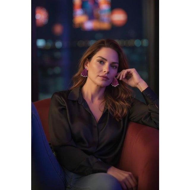 14k Yellow Gold Shepherd Hoop Earrings With Diamonds, Rubies & Opalite Tassels, A Pair For Sale - Image 10 of 11