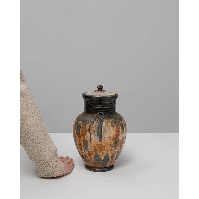 Rustic Mid 20th Century German Drip Glaze Ceramic Jug With Lid For Sale - Image 3 of 18