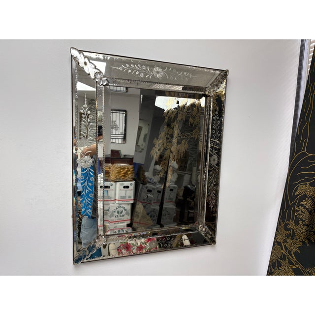 Wood Etched and Beveled Venetian Mirror For Sale - Image 7 of 13