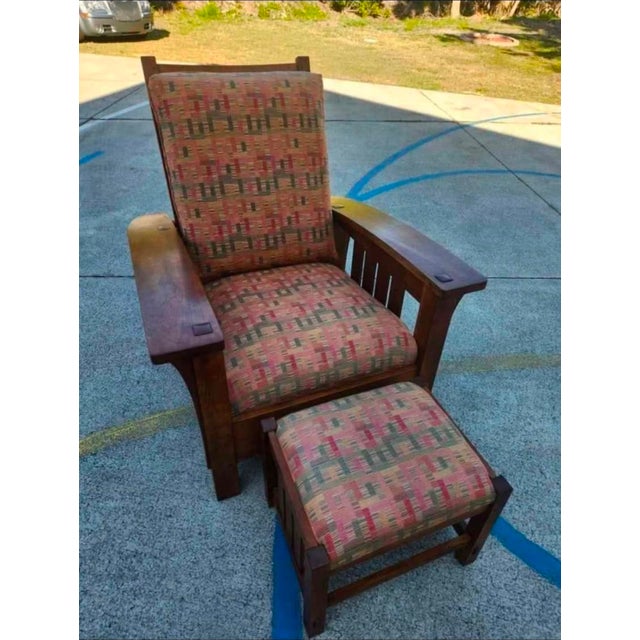 Oxblood Red Vintage Stickley Cherry Wood Bow Slant Arm Morris Reclining Chair & Ottoman For Sale - Image 8 of 9