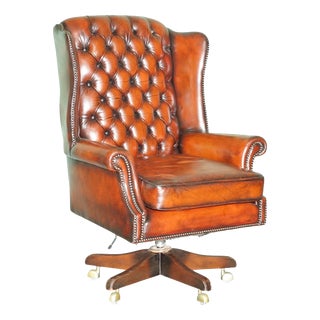 Chesterfield Wingback Swivel Office Chair in Hand-Dyed Leather from Harrods London, 1970s For Sale