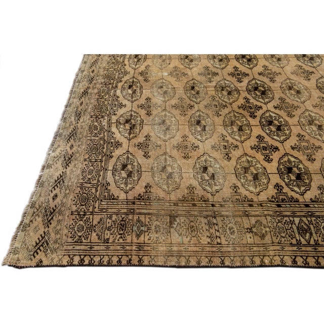 Antique Turkmen Handmade Geometric Pattern Beige Wool Rug For Sale - Image 4 of 11