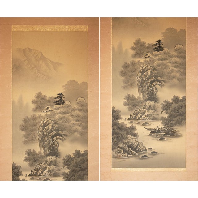 Japanese C. 1920 Taisho Era Japanese Silk Scroll Ink Landscape Painting For Sale - Image 3 of 18