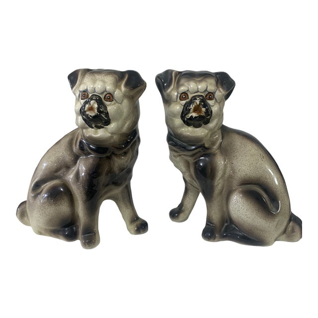 Vintage Taiwan Ceramic Pug Dog Figurines – Pair For Sale