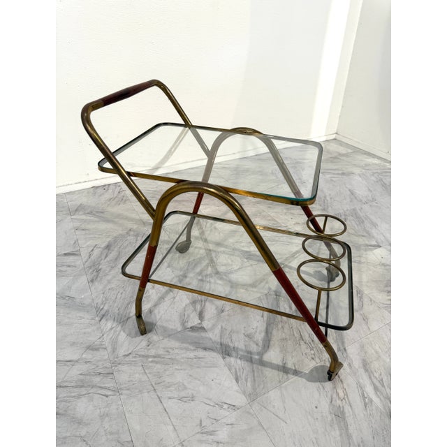 1970s 1970s Italian Brass & Glass Bar Cart With Bottle Holder For Sale - Image 5 of 8