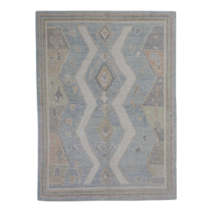 Turkish Oushak Rug Sky Blue and Earth Handwoven Wool Rug 5' X 6'9"