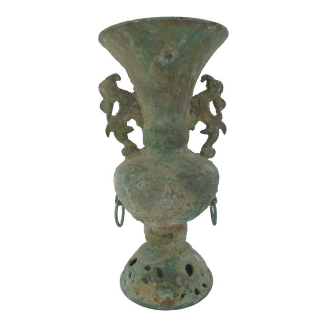 Chinese Archaic Bronze Ware Fengshui Ritual Vessel Hu Vase With Dragon Handles For Sale