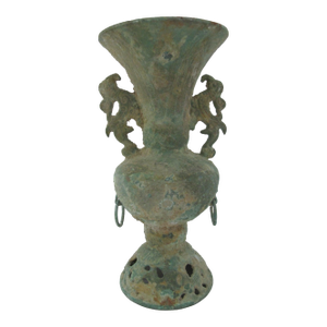 Chinese Archaic Bronze Ware Fengshui Ritual Vessel Hu Vase With Dragon Handles