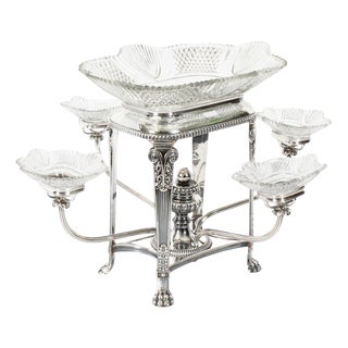 19th Century Sheffield Plate Cut Glass Epergne Centrepiece, 1820s For Sale