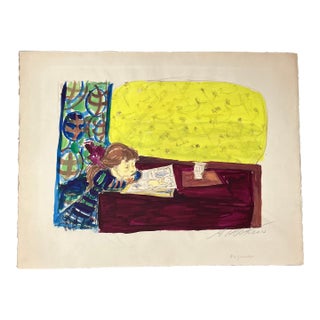 1960’s Original Alexander Dobkin Watercolor Painting/Colored Pencil Child With Her Book Signed For Sale