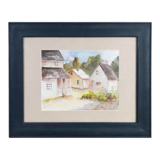 Contemporary Rustic European Cottage Village Landscape Watercolor Painting Framed Art For Sale