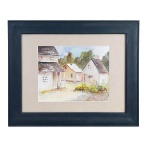 Contemporary Rustic European Cottage Village Landscape Watercolor Painting Framed Art - Signed by Unknown ARtist
