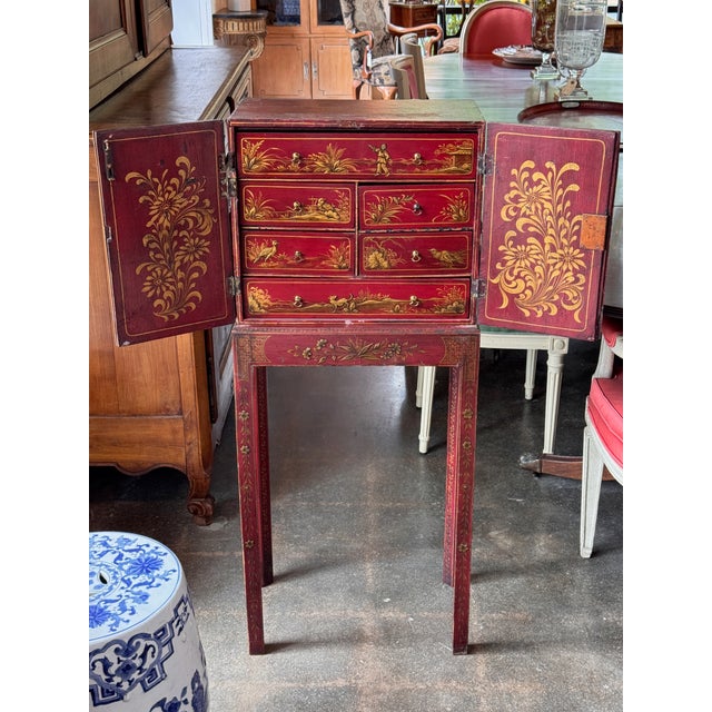Red 19th Century English Red Lacquered Chinoiserie Cabinet For Sale - Image 8 of 14