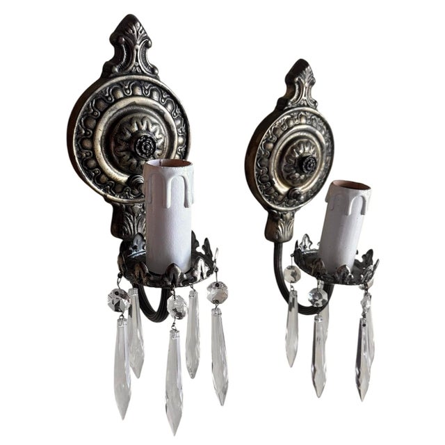 Metal 1910s Brass With Original Silverplate Sconces With Crystal Drops For Sale - Image 7 of 8