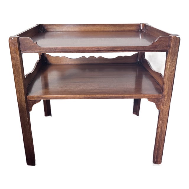 Vintage Georgian Style Two-Tier Mahogany Side Table 26” Height, Scalloped Apron Edge, Tea Table For Sale