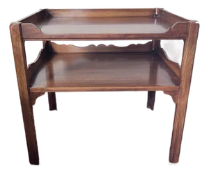 Vintage Georgian Style Two-Tier Mahogany Side Table 26” Height, Scalloped Apron Edge, Tea Table