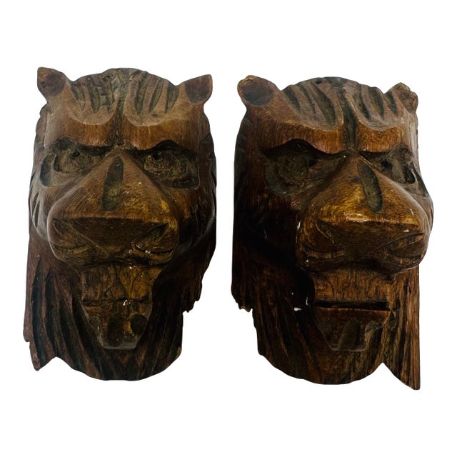Hand Carved Antique Lions Heads, a Pair For Sale