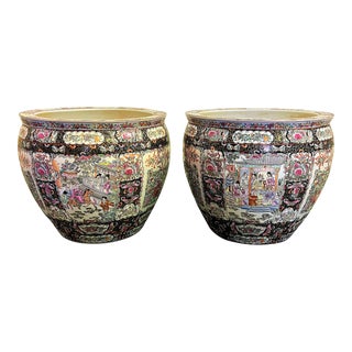 Vintage Large Porcelain Asian Famille Fishbowl Planters- a Pair For Sale