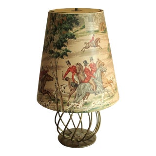 Brass Footed Table Lamp With Hunting Motifs on the Lampshade, Vintage From the 60s For Sale