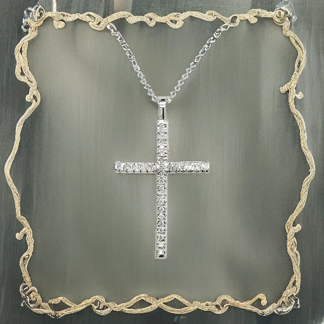 Silver Natural Diamond Cross Pendant 17" Chain 14k White Gold 0.41 TCW Certified For Sale - Image 8 of 11