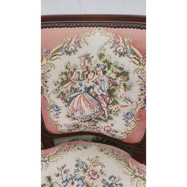 Pink Pair of Vintage Louis XV Style French Provincial Open Armchairs With Pink Romantic Tapestry Upholstery For Sale - Image 8 of 17