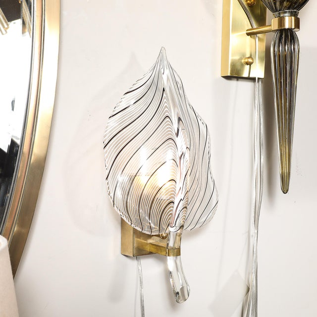 1970s Mid-Century Hand-Blown Black Linear Murano Glass Leaf Sconces by Franco Luce For Sale - Image 5 of 15