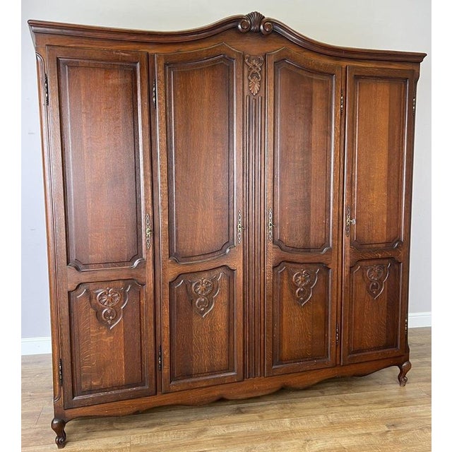 Vintage French Louis XVI Style Carved Oak 4-Door Wardrobe For Sale - Image 4 of 13