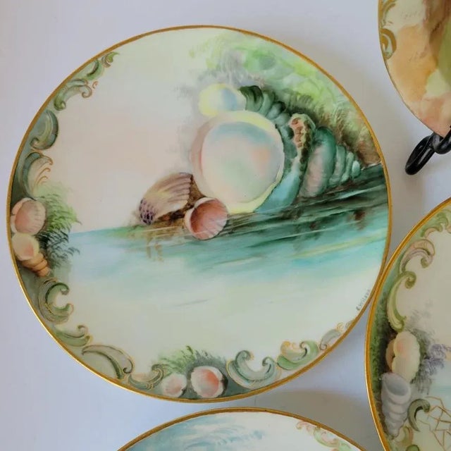 Rare Hand-Painted Bavarian Seashell Dessert Set, Signed Artist Porcelain Plates & Serving Bowl For Sale - Image 4 of 10