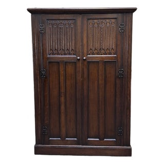 Quality Custom Solid Dark Oak Armoire Double Door c.1940's For Sale