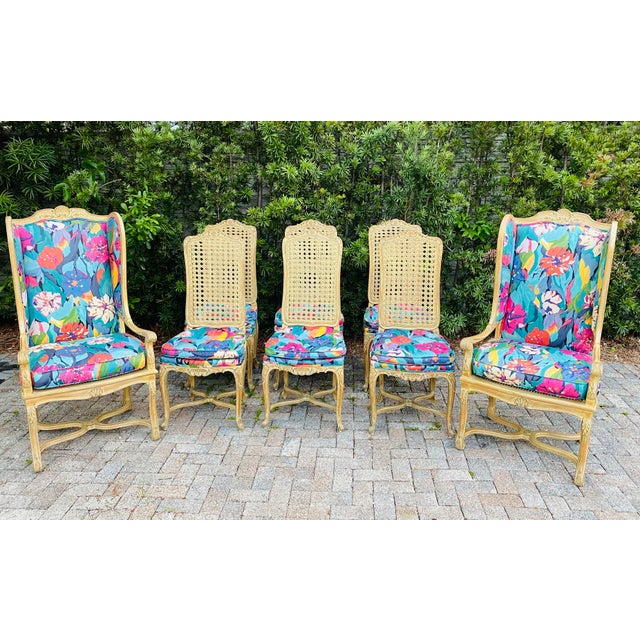 Offering Stunning set of 6 vintage French chairs brightly colored new upholstery,finely carved with floral and caned back,...