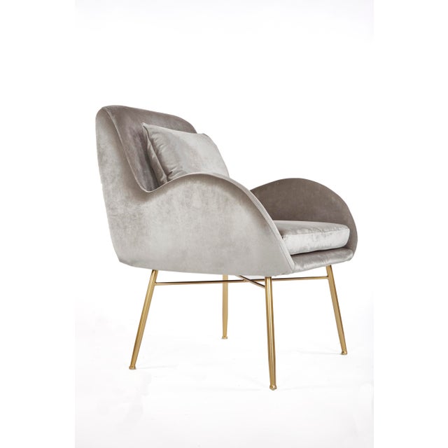 New Modern Gray Velvet Armchair With Gold Legs and Pillows a Pair