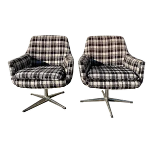 Mid 20th Century Vintage Mid Century Modern Black and White Plaid Accent Chairs - Set of 2
