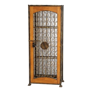 Late 20th Century Tall Iron & Wood Wine Cabinet / Bar Display (72” H X 25” W X 15” D) With Locking Door & Scrollwork Front For Sale