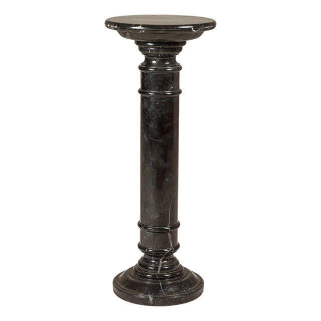 Vintage Black Marble Column Pedestal with White Veining and Stepped Base For Sale