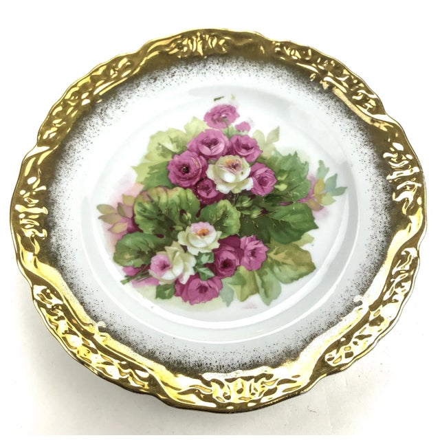 1940s Antique Roses Desert Plate Gold Rimmed For Sale - Image 5 of 10