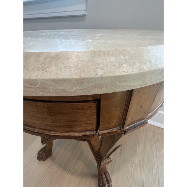 Round Wood and Travertine Top Sussex Side Table/Nightstand Attributed to Kreiss Sussex—Natural Walnut With Neoclassical Paws For Sale - Image 9 of 13