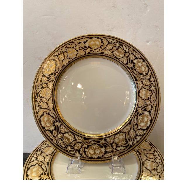 A set of 12 early 20th century black and gold border service dinner plates. Elegant broad border in a hard to find black...