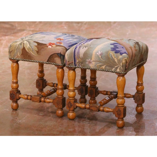 Pair of 19th Century French Louis XIII Walnut Stools With Aubusson Tapestry For Sale - Image 10 of 12