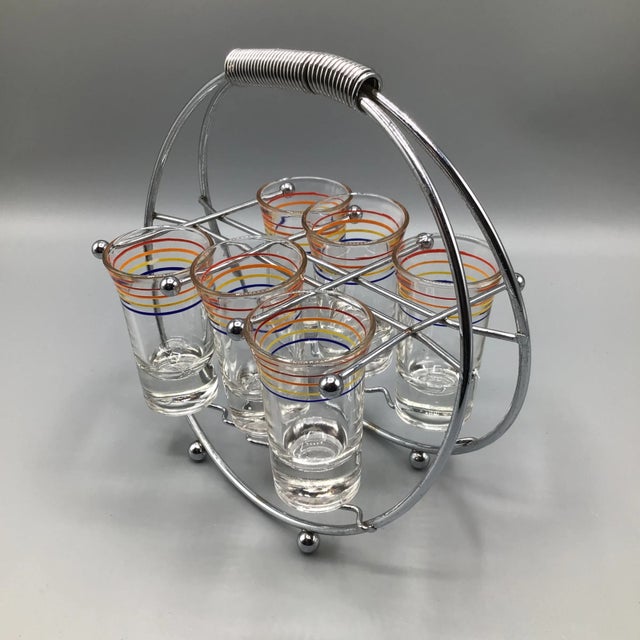 7 Striped Shot Glasses in Chrome Plated Caddy - Set of 8 For Sale In Sacramento - Image 6 of 13