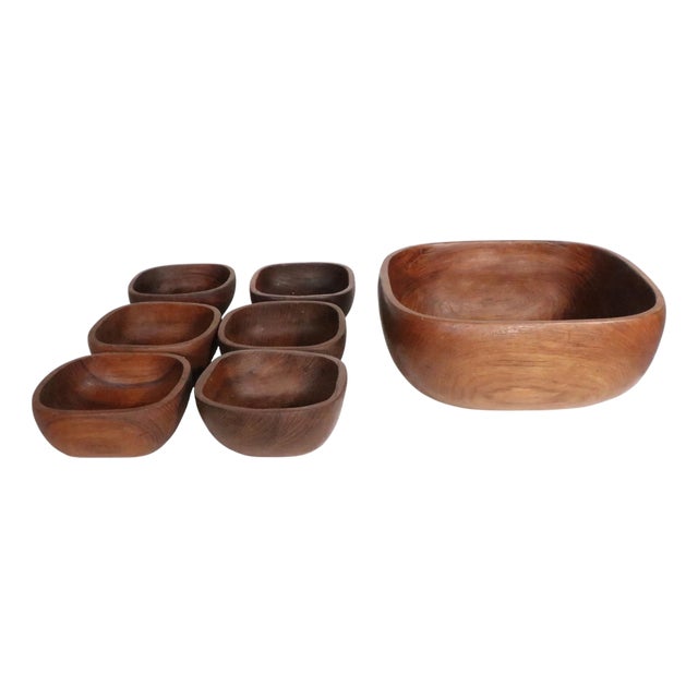 Seven Piece Mid Century Teak Salads Set Made in Thailand by Good Wood C. 1950/70s For Sale