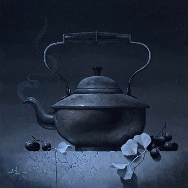 Achromatic by Blair Atherholt | Oil on Panel Still life of a black kettle with smoke and fruit For Sale