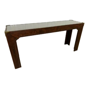 1970s Cane Top Wood Console With Brass Fitted Corners and Asian Cuts Removable Glass