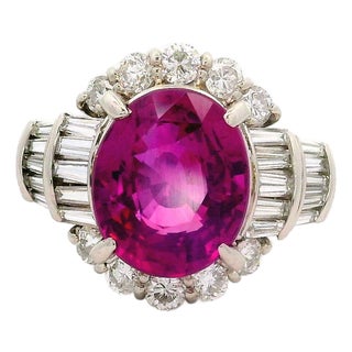 4.41 Carat Vivid Purplish Red Ruby Diamond Platinum Ring, Aigs Certified, Size 5.75 For Sale