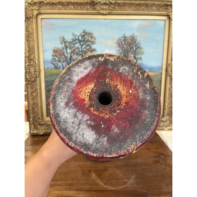 Industrial Wooden Textile Mill Bobbin or Spool With Red Painted Ends For Sale - Image 10 of 10