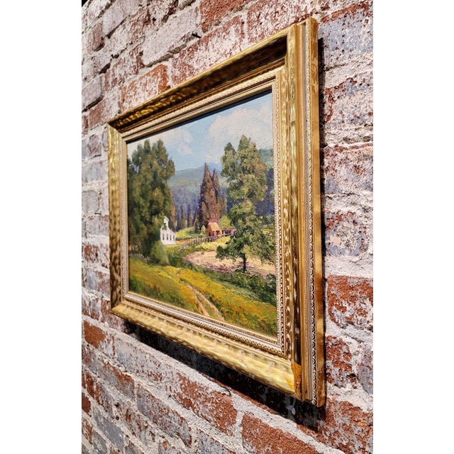 Wood White Farm House in a Country Side Landscape -1930s Impressionist Oil Painting For Sale - Image 7 of 8