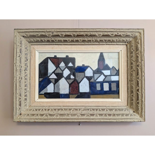 RHYTHM OF FACADES Size: 18.9 x 26.8 inches (including frame) Oil on board A compelling mid-century painting that presents...