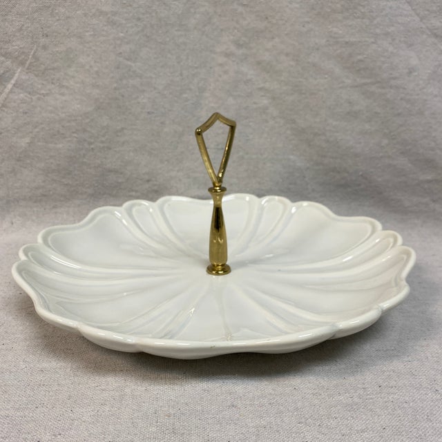 California Pottery Vintage California Pottery Cream White Relish Dish Tray With Gold Metal Handle For Sale - Image 4 of 12