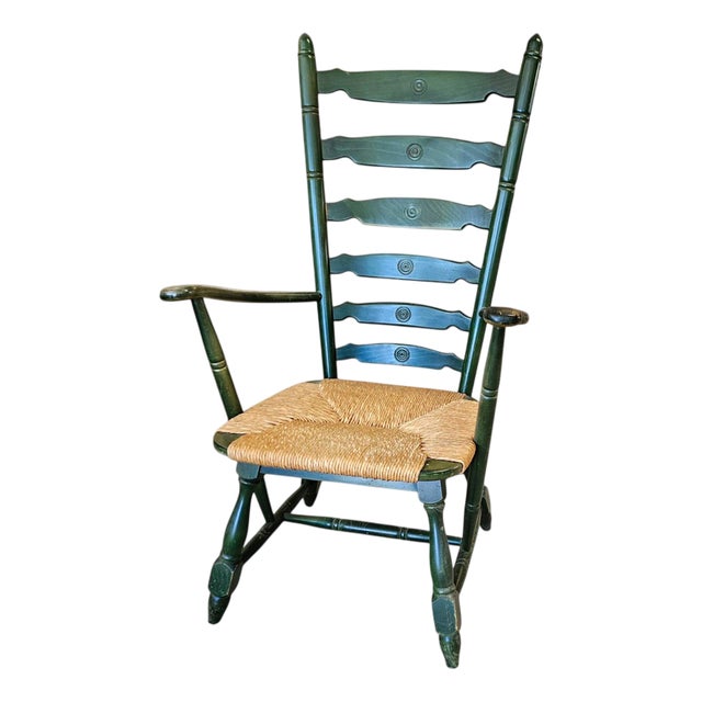 Vintage High Back Ladder Chair in Green Wood with Rush Seat For Sale