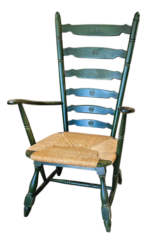 Vintage High Back Ladder Chair in Green Wood with Rush Seat