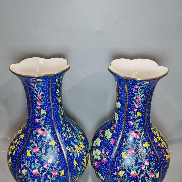 Ceramic Pair of Chinese Deep Blue Famille Rose Plum Blossom Floral Vases, Chinoiserie Decor Vessels For Sale - Image 7 of 9